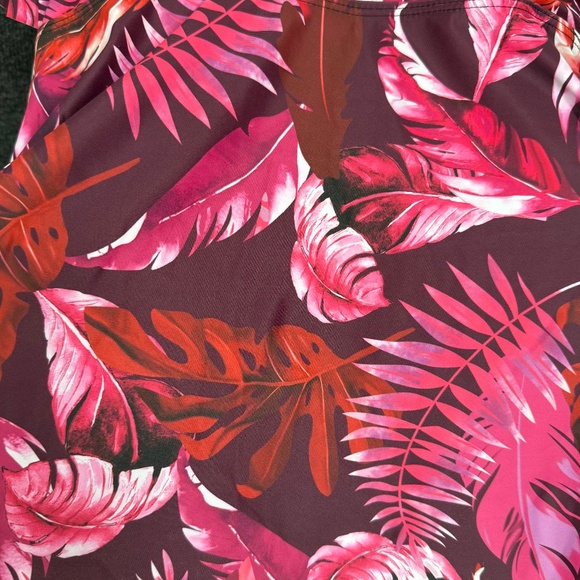 Tropical Pink Palm Leaf Print Flutter Sleeve  Swim Top With Built-In Bra Top 3X - Picture 7 of 10